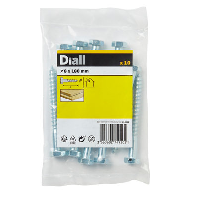 Diall Hex Zinc-Plated Carbon Steel Coach Screw (Dia)8mmPack Of 10 from B&Q