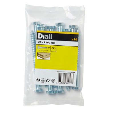 Diall Hex Zinc-Plated Carbon Steel Coach Screw (Dia)8mmPack Of 10 from B&Q