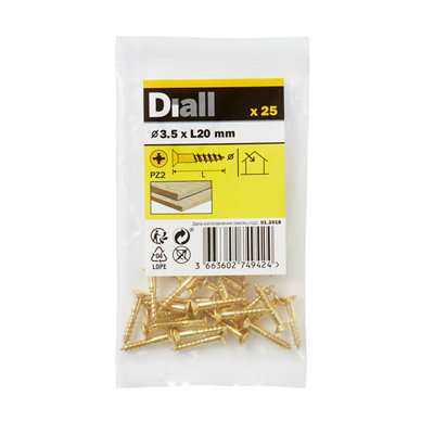 Diall Pozidriv Countersunk Brass Wood Screw (Dia)3.5mmPack Of 25 from B&Q