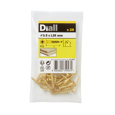 Diall Pozidriv Double-Countersunk Brass Wood Screw (Dia)3.5mmPack Of 25 from B&Q