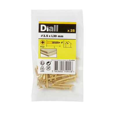 Diall Pozidriv Countersunk Brass Wood Screw (Dia)3.5mmPack Of 25 from B&Q