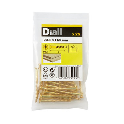 Diall Pozidriv Double-Countersunk Brass Wood Screw (Dia)3.5mmPack Of 25 from B&Q