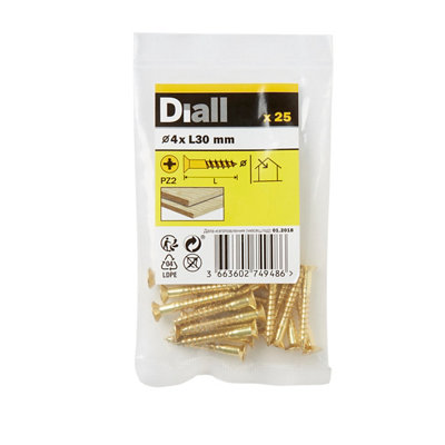 Diall Pozidriv Countersunk Brass Wood Screw (Dia)4mmPack Of 25 from B&Q