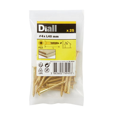 Diall Pozidriv Double-Countersunk Brass Wood Screw (Dia)4mmPack Of 25 from B&Q