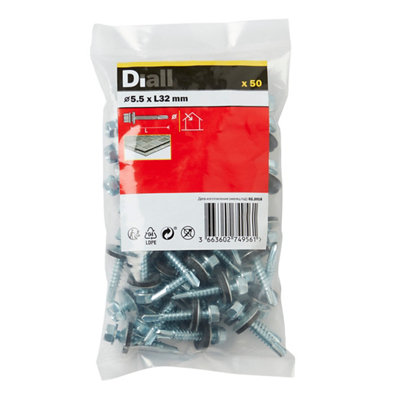 Diall Hex Zinc-Plated Carbon Steel Roofing Screw (Dia)5.5mm (L)32mmPack Of 50 from B&Q
