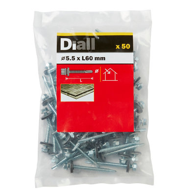 Diall Hex Zinc-Plated Carbon Steel Roofing Screw (Dia)5.5mm (L)60mmPack Of 50 from B&Q