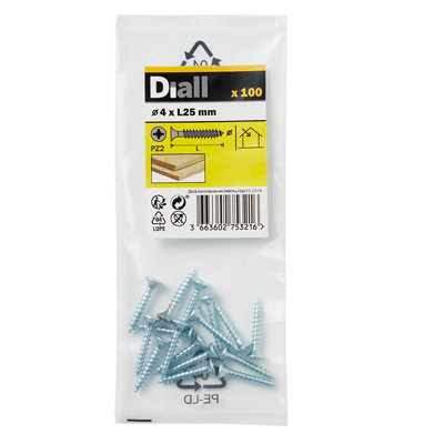 Diall Double-Countersunk Zinc-Plated Carbon Steel Screw (Dia)4mmPack Of 100 from B&Q