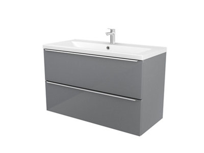GoodHome Imandra Gloss Grey Wall-Mounted Bathroom Vanity Unit (H) 600mm (W) 1000mm from B&Q