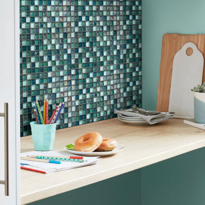 Colours Bressia Blue & Green Gloss Glass Mosaic Tile(L)306mm (W)306mm from B&Q