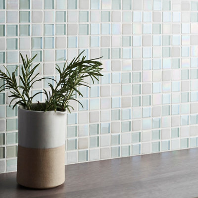 Colours Parmia White Polished Gloss Glass & Marble Mosaic Tile(L)300mm (W)300mm from B&Q