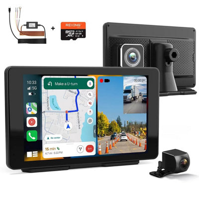 Xample Rexing Cpduo-7 Wireless Multimedia Receiver 7 Touchscreen, 4K Front + 1080P Rear Dash Cam, Apple Carplay, Android Auto,64Gb Card