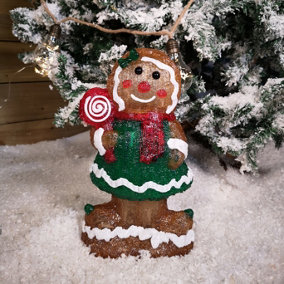 36cm LED Lit Acrylic Gingerbread Person Christmas Decoration with Green Dress