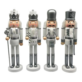 36cm Silver White Wooden Nutcrackers Soldiers King Drummer Christmas Ornament 4pcs Set