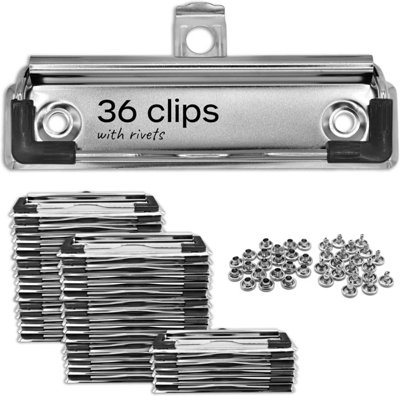 36x Mountable Metal Clipboard Clips - Durable Spring-Loaded Replacement Clips with Retractable Hanging Hole and Rubber Grip