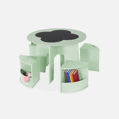 Sweeek. Children's Table With Slate And 4 Chairs With Storage Nephos Green 70X70X49 Cm
