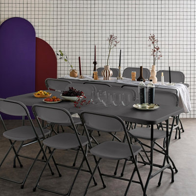 SweeekPair Of Folding Plastic Reception Tables With 12 Chairs Charcoal Grey 180X69.5X73.5 CmFiesta
