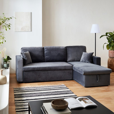 Sweeek3-Seater Reversible Corner Sofa Bed With Storage Ida Velvet Charcoal Grey 219X147X68 Cm from B&Q