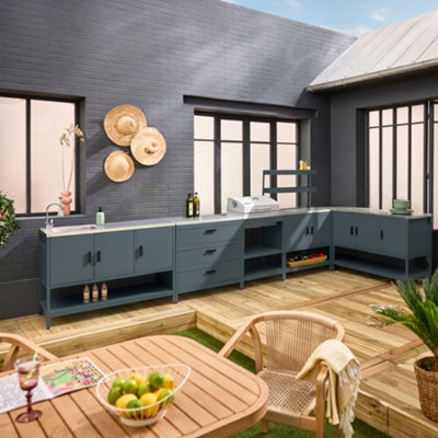 B&Q - SweeekOutdoor Kitchen With Charcoal Barbecue And 5 Modules With Sink Grey BlueNaxos
