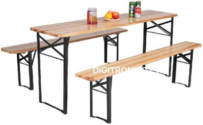 B&Q -  Large 3 Piece Wooden Folding Picnic Table Bench Trestle Patio Outdoor Garden Pub Camping Garden Furniture
