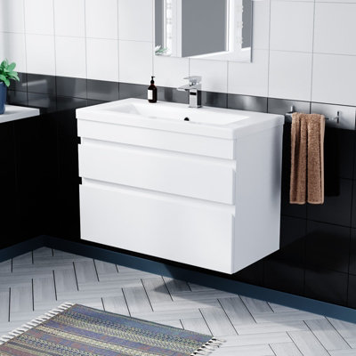 Nes Home 800mm Wall Hung Gloss White Basin Vanity Sink 2 Drawers from B&Q