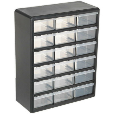 375 x 165 x 470mm 18 Drawer Parts Cabinet - BLACK - Wall Mounted / Standing Box