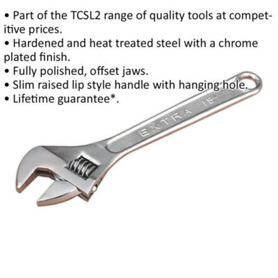 375mm Adjustable Wrench - Chrome Plated Steel - 43mm Offset Jaws - Spanner