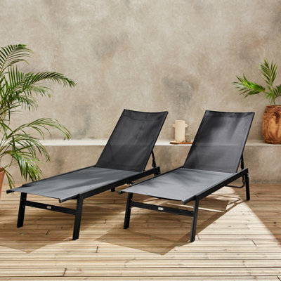 Sweeek. Pair Of Textilene And Metal Multi-Position Loungers Flora Black 155X59X106 Cm from B&Q