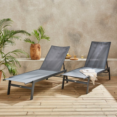 Sweeek. Pair Of Textilene And Metal Multi-Position Loungers Flora Grey 155X59X106 Cm from B&Q