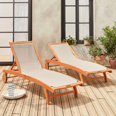 Sweeek. Pair Of Wooden And Textilene Sun Loungers Marbella Taupe Grey 196X68X91 Cm