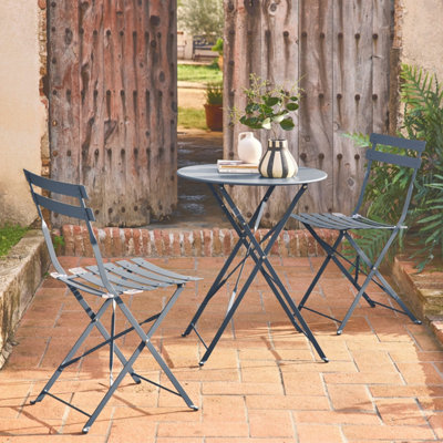 SweeekRound Folding Metal Bistro Garden Table With 2 Chairs Grey Blue 60X60X71 CmEmilia