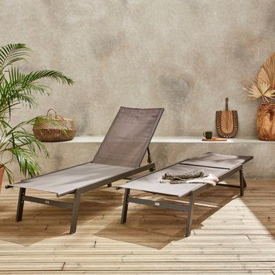 Sweeek. Pair Of Textilene And Metal Multi-Position Loungers Flora Brown 155X59X106 Cm from B&Q