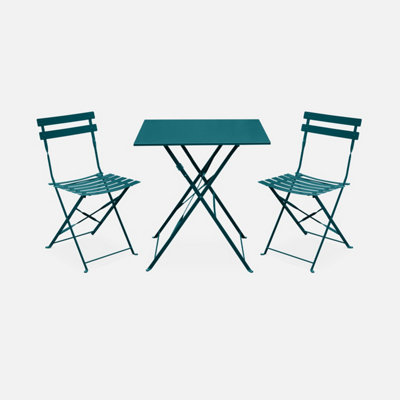 Sweeek. Folding Metal Bistro Garden Table 70 X 70Cm 2 Chairs Emilia Duck Blue 70X70X71 Cm