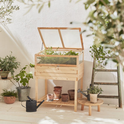 B&Q - Elevated Wooden Planter With Polycarbonate Greenhouse NaturalSweeek
