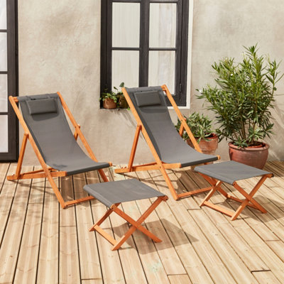 Sweeek. Pair Of Wooden Deckchairs And Footrests Creus With Footrests Anthracite 102X56X86 Cm