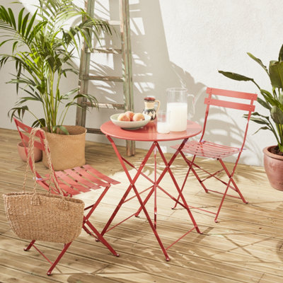 Sweeek. Folding Metal Bistro Garden Table Diam.60 X 70Cm 2 Chairs Emilia Terracotta 60X60X71 Cm