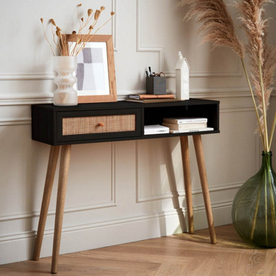 Sweeek100Cm Wood And Cane Decor Console Table Boheme Black 100X29X81 Cm from B&Q