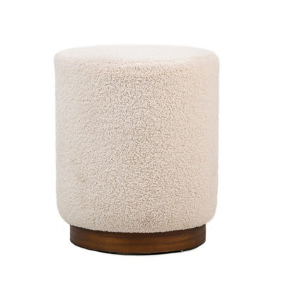 Nordlys White Bouclé Pouf With Wooden Base Vintage Style Living Room from B&Q