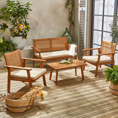 Sweeek4-Seater Wooden And Cane Rattan Garden Sofa Set Brown And Beige 117X64X74 CmBohemia from B&Q