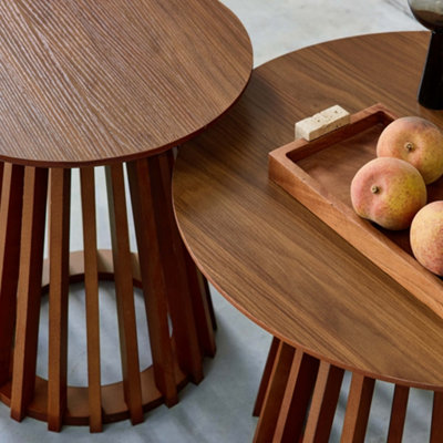 SweeekSet Of 2 Round Coffee Tables With Walnut Wood-Effect Top And Fir Wood Legs 40Cm And 60Cm from B&Q