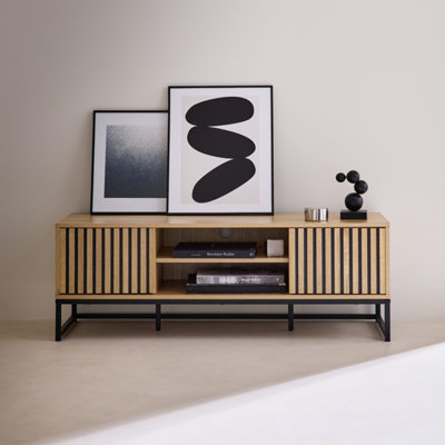 Sweeek120Cm Tv Unit  Grooved Wooden Effect And Metal 2 Doors Lisbonne Natural 120X40X42 Cm from B&Q