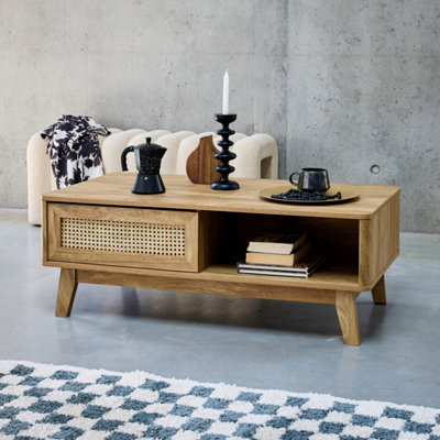 SweeekCoffee Table With 2 Niches 1 Sliding Door Wood And Cane Effect Eucalyptus Legs from B&Q