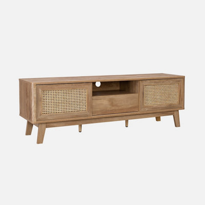 Sweeek. 150Cm Tv Unit With Sliding Doors Closed Locker Wood And Cane Effect Shelf from B&Q