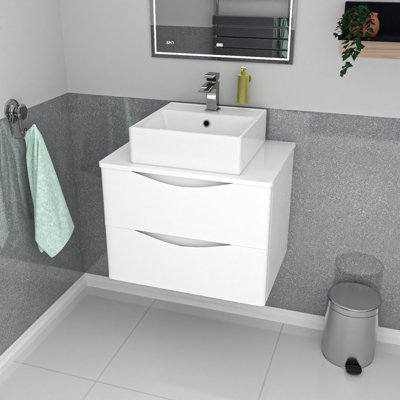 Nes Home 600Mm Wall Hung 2 Drawers Vanity & Worktop With Square Basin White