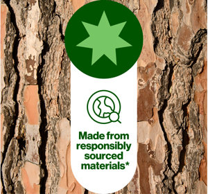 Icon and text stating “Made from responsibly sourced materials” on a tree bark background.