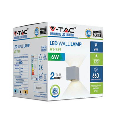 V-Tac Vt217080 6W Led Wall Light Up-Down With Bridgelux Chip Grey Square 3000K from B&Q