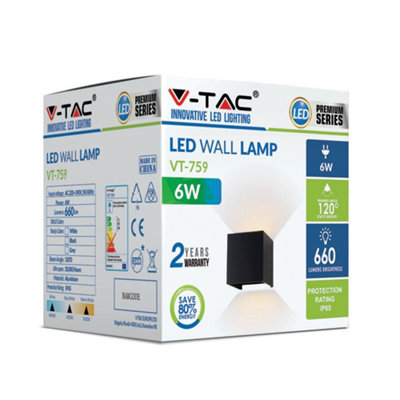 V-Tac Vt217087 Led Wall Light Up-Down With Bridgelux Chip Black Square 4000K 6W from B&Q