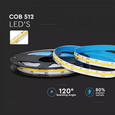 V-Tac Strip12Wcob6K-5M 5M 12W/m 512 Led Cob Strip Light 24V Ip20 6400K from B&Q