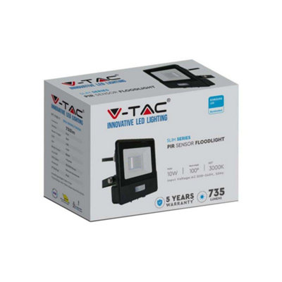 V-Tac Vt-118S-1 10W Pir Sensor Floodlight With Samsung Chip & Cable(1M) Colour Code: 3000K Black Body from B&Q