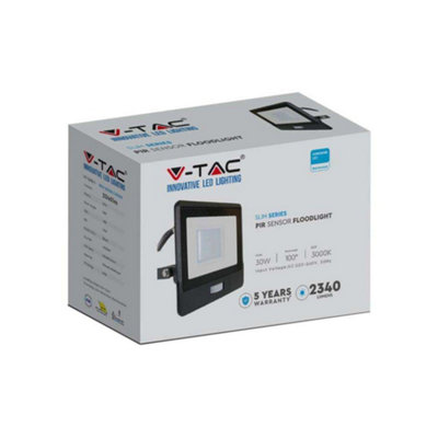 V-Tac Vt-138S-1 30W Pir Sensor Floodlight With Samsung Chip & Cable(1M) Colorcode:6500K Black Body from B&Q
