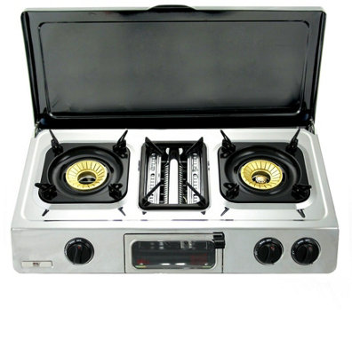 B&Q -  Nj G-87C Stainless Steel 3 Burner Gas Stove With Grill Oven Lid 9.7Kw